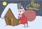 Christmas card of funny Santa Claus with big bag standing next to the house in the snowy night. Santa looks lost and