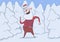 Christmas card of funny Santa Claus smiling and dancing in the forest. Santa in deer sweater dances and waves hands in