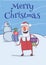 Christmas card of funny smiling Santa Claus. Santa brings presents in colorful boxes past snowman. Frosty windy weather