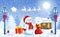 Christmas card with funny Snowman holding envelope with wish list for Santa Claus and Santa`s workshop against winter forest