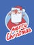 Christmas card with funny spaced-out Santa Claus. Santa Claus got wasted. Lettering on blue background. Round design