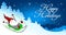 Christmas card `Happy Holidays`. Funny gnome rides on a sled down the hill in a snowy forest
