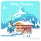 Christmas card. Holidays in village. Mountain detailed landscape with lodge. Vector flat illustration.