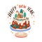 Christmas card with homemade dessert and Happy New Year inscription. Holiday xmas cake decorated with icing and