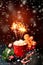 Christmas Card with hot cocoa red mug, sparkling bengal fire wo