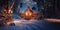 Christmas card with a house illuminated at night in the forest near snow-covered shining Christmas trees