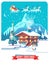 Christmas card. Night in village. Mountain detailed landscape with lodge. Vector flat illustration.