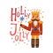 Christmas card with nutcracker, snowflakes and Holly Jolly inscription. Holiday greeting card with festive toy in crown