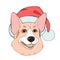 Christmas card with Puppy Pembroke Welsh corgi portrait in red Santa`s hat and scarf. Vector illustration