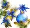 Christmas card with realistic blue baubles, bows, cones and fu