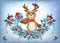 Christmas card with reindeer deer holding gift box and spruce garland with bullfinch bird in Santa hat on the snowfall background