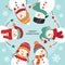 Christmas card. Round dance of snowmen. Vector illustration