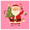 Christmas card with Santa Claus carrying decorated tree