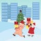 Christmas card Santa Claus and Piglet with gifts. City landscape