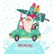 Christmas card. Santa Claus is traveling by car