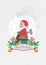 Christmas card with Santa on a moped, Santa clockwork toy, vector greeting postcard