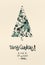 Christmas card with snowflakes Christmas tree in dark green color with text lettering: Merry Christmas