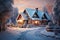 Christmas card with a snowy shining house in the forest at sunset, fabulous magical atmosphere of Christmas. Image. Generation AI