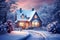 Christmas card with a snowy shining house in the forest at sunset, fabulous magical atmosphere of Christmas. Image. Generation AI