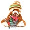 Christmas card with Teddy Bear and Christmas gifts in supermarket trolley on white background