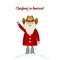 Christmas card template. Smiling cartoon happy Santa stands in snowdrift