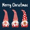 Christmas card template with three red gnomes holding candy, Christmas ornament and present over dark blue background.