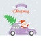 Christmas card with traveling santa and dog in retro auto