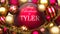 Christmas card for Tyler to send warmth and love to a family member with shiny, golden Christmas ornament balls and Merry