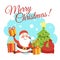Christmas card vector template with cute cartoon character Santa, christmas tree and gift boxes