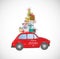 Christmas card with vintage red car carrying gift boxes on white background.