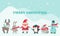 Christmas cards with cute animals and Santa Claus. Characters reindeer, snowman, Santa Claus, penguin, cat, rabbit with snowflakes