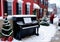 Christmas Carols Being Sung Around A Neighborhood Piano, In A Snowy Street. Generative AI