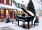 Christmas Carols Being Sung Around A Neighborhood Piano, In A Snowy Street. Generative AI