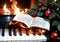 Christmas Carols Sheet Music On A Piano, With A Fire In The Background. Generative AI