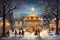 Christmas carousel in the city. Winter landscape. Christmas background. merry Christmas scene filled with snow covered trees and a