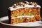 Christmas Carrot cake with cream on plate on dark background