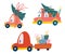 Christmas cars with gifts boxes and a Christmas tree set. Christmas truck. Items for decoration for the New Year. Vector