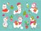 Christmas cartoon alpaca with cactus and gifts. Funny llamas x-mas party, new year holiday alpacas stickers. Winter