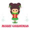 Christmas cartoon cute elf with Ñhristmas gift and christmas text