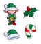 Christmas Cartoon Icon Set - Elf Holly Santa Hat Candy Cane