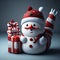 Christmas cartoon santa claus with snowman gifts box. generative AI