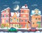 Christmas cartoon winter town in night. Vector llustration.