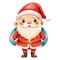 Christmas cartoonish santa standing in a red suit with a red hat and a white background. He is smiling and he is happy