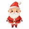 Christmas cartoonish santa standing in a red suit with a red hat and a white background. He is smiling and he is happy