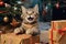 Christmas cat card, Funny kitten lies among gifts against the background of a blurred Christmas tree. New Year