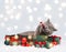 Christmas cat in a gift box bites the festive decor. British cat with gift boxes on a snowy winter background with lights. New