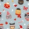 Christmas cats seamless pattern. Cute kittens in santa hats, warm headwear and glasses. Happy xmas pets vector wrapping