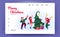 Christmas celebrate, dance people landing page. Outdoor night, winter tree with toys and gifts, woman jump with