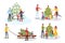 Christmas celebration vector illustrations set. Cheerful parents and little kids in warm clothes cartoon characters