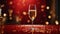 Christmas champagne glass with drops on a dark red magical background